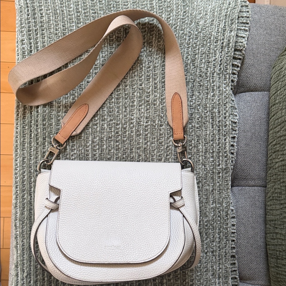 Prune White Crossbody Bag with Tan Strap